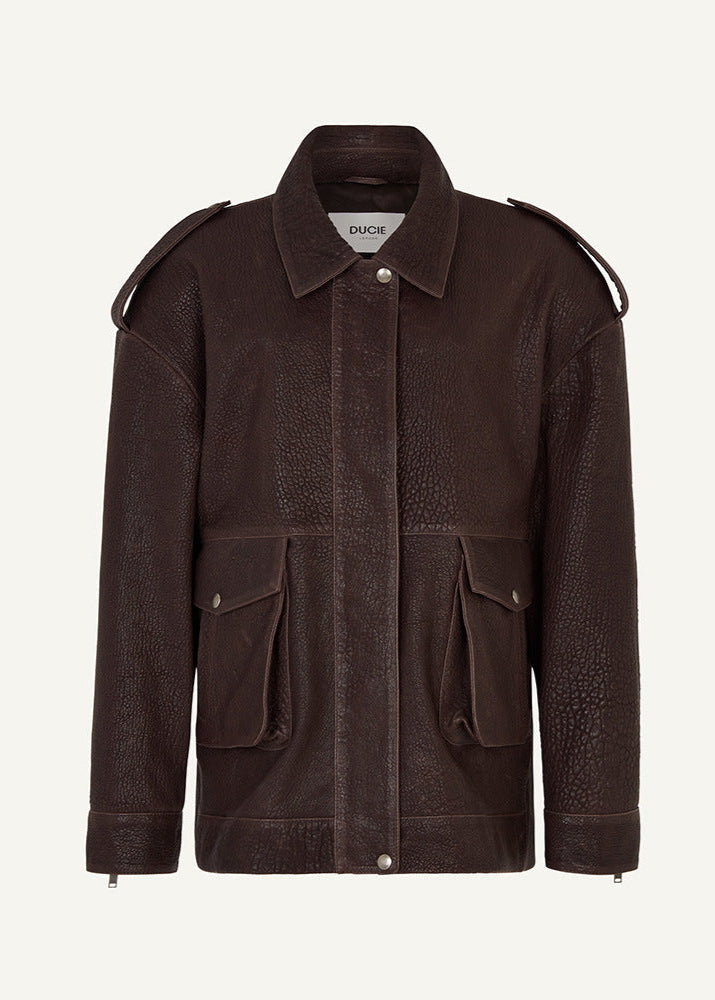 Noir Edge - Dark Brown Leather Jacket with Utility Pockets