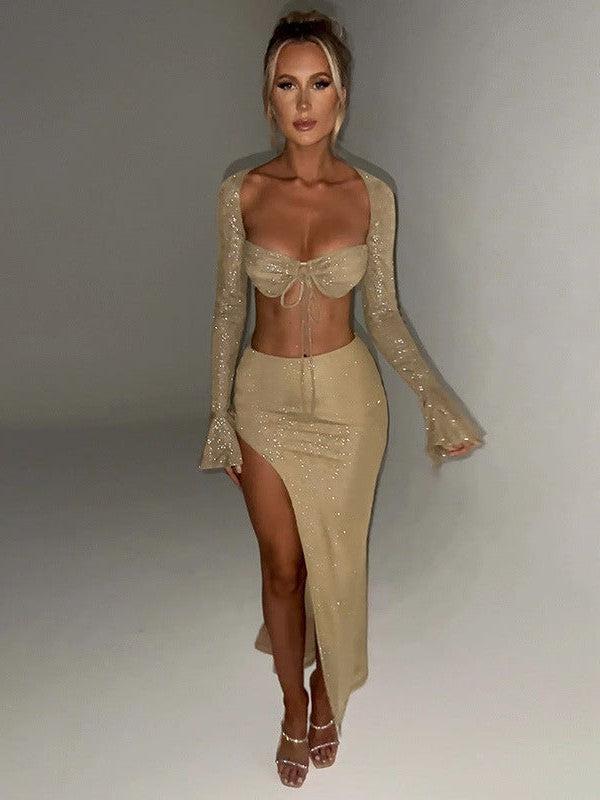 Shimmer Backless Crop Top & Sheath Skirt Coord Set