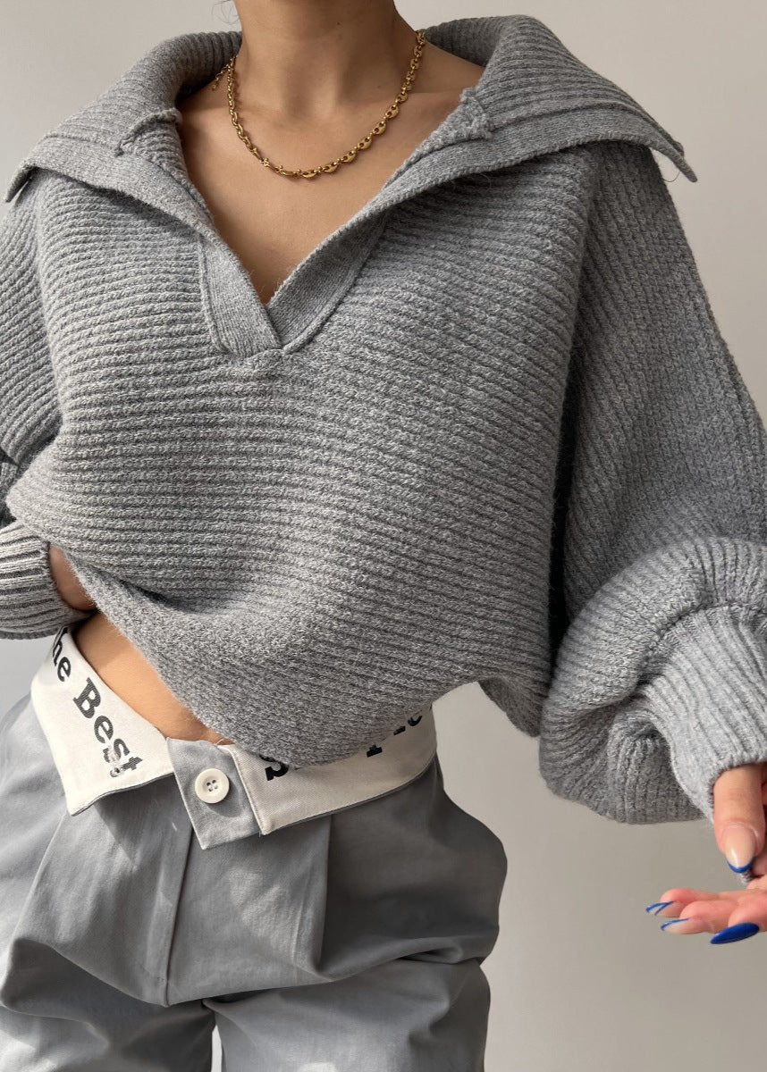 Minimalist Ribbed Collared Knit Sweater