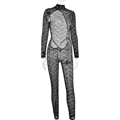 High neck long sleeve lace backless jumpsuit