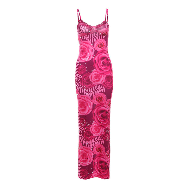 Slim Fit Backless Lace V neck Strap Printed