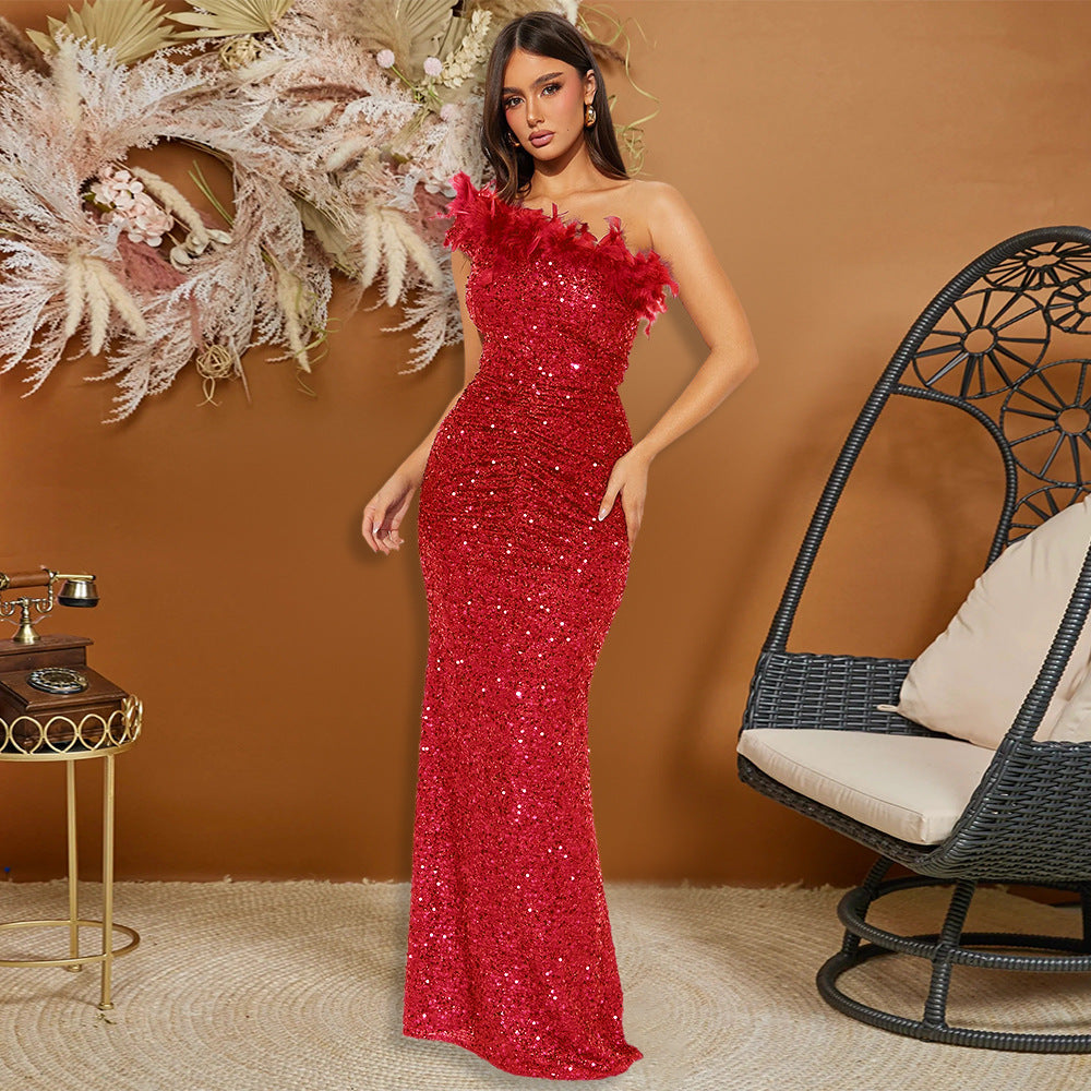 One Shoulder Feather Trim Sequin Ruched Bodycon Maxi Gown