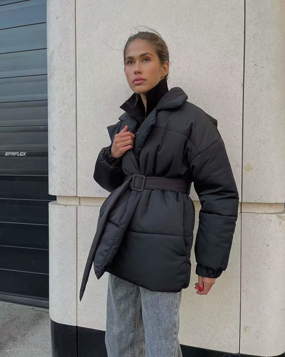 Tie Waist Cotton V-Neck Puffer Jacket