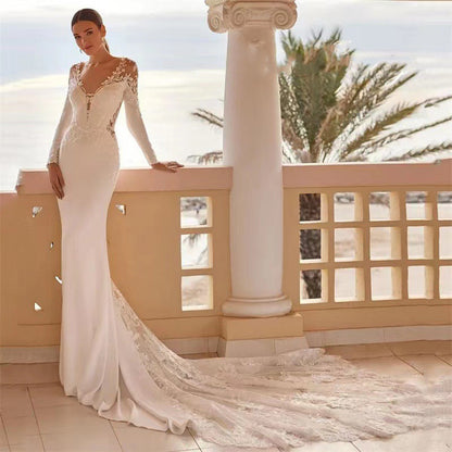 Long Sleeve Embroidered Beach Wedding Dress