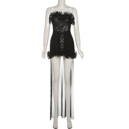 Ruffle mesh corset lace up mini dress