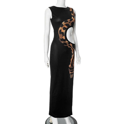 Sleeveless crewneck snake print hollow out slit cut out maxi dress