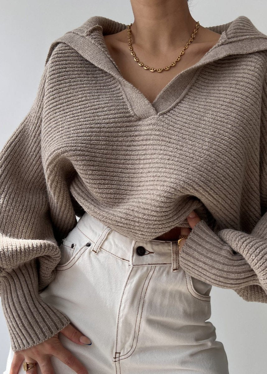 Oversized Ribbed Knit Collared Sweater