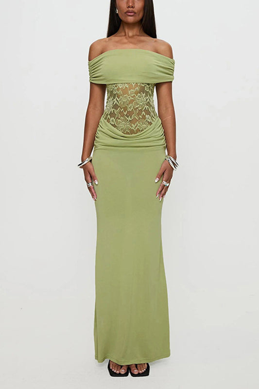 Women's Spring/Summer New Solid Color Off Shoulder Splicing Lace Extra Long Slimming Dress