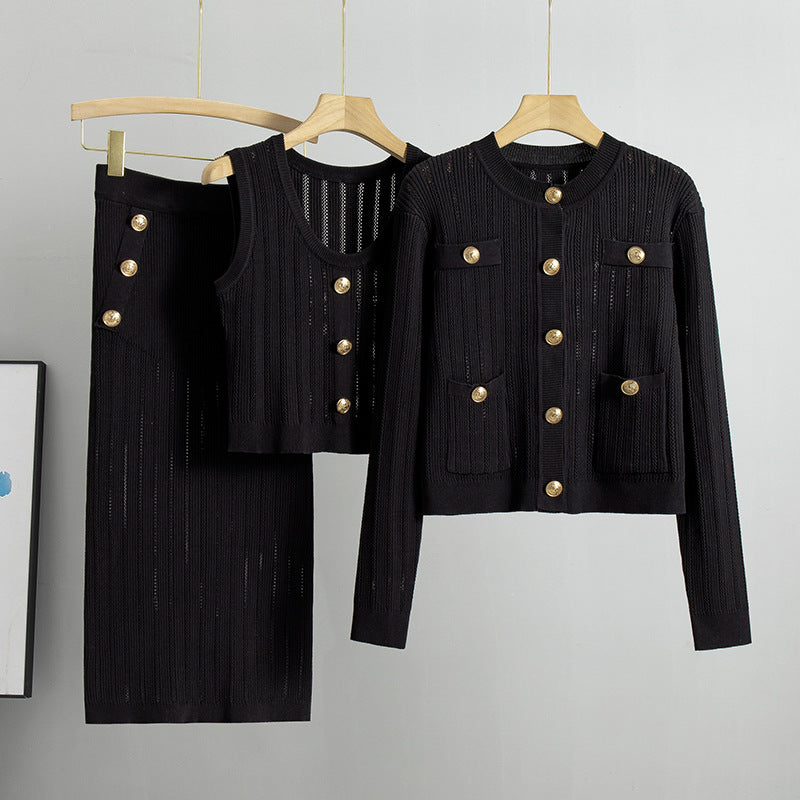 Black – Cardigan Sweater Vest Three Piece Set