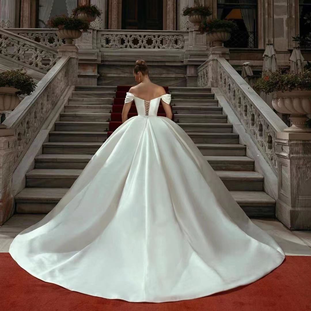 Off-Shoulder Satin Long Train Wedding Dress