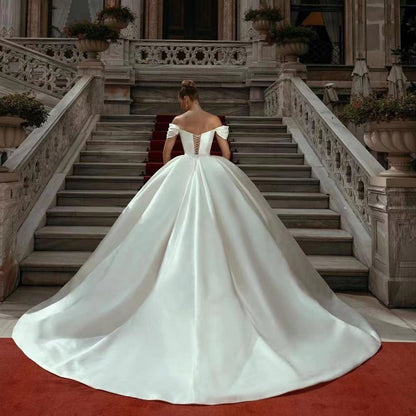 Off-Shoulder Satin Long Train Wedding Dress