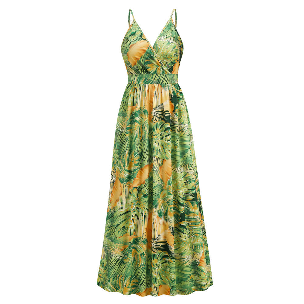 Palm Leaf Print Deep V Empire Waist A Line Maxi Dress