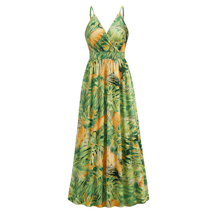 Palm Leaf Print Deep V Empire Waist A Line Maxi Dress