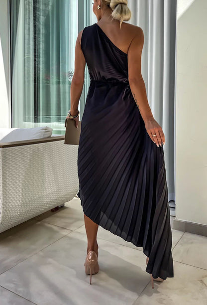 Romantic Nights Satin Raised Flower Elastic Cutout One Shoulder Pleated Maxi Dress
