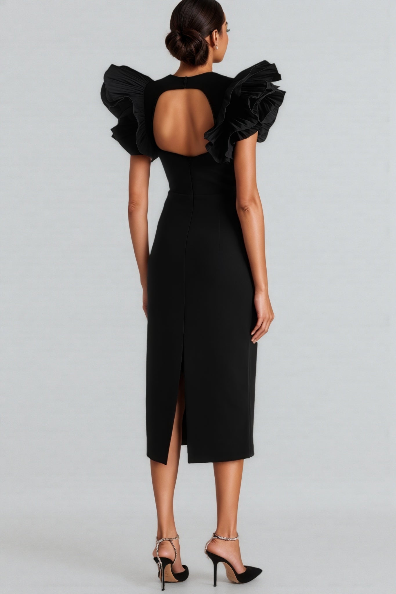 Starsha Black Puff Sleeve Midi Dress