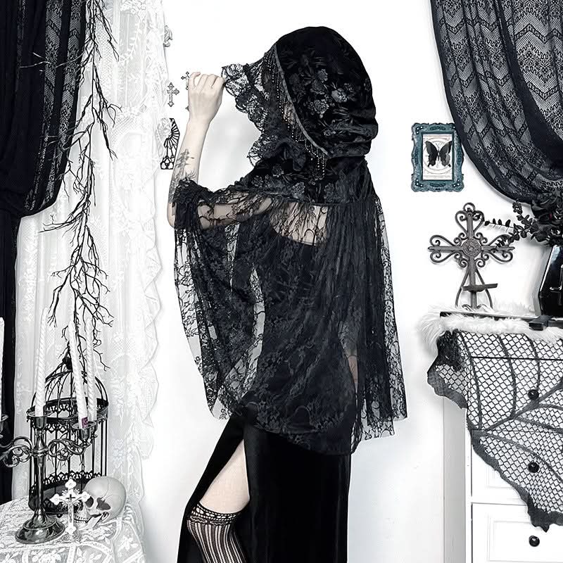Hoodie velvet lace self tie beaded shrug top