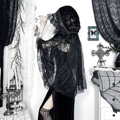 Hoodie velvet lace self tie beaded shrug top