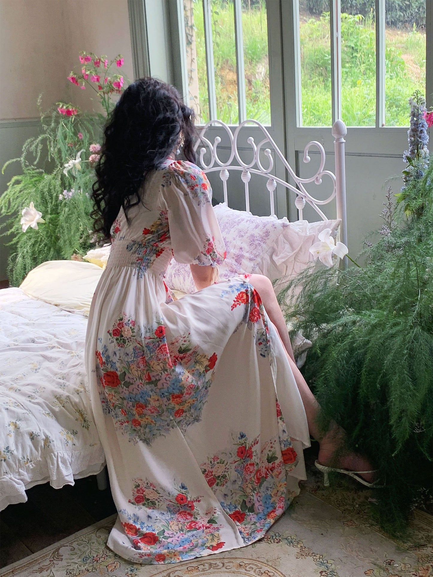 Summer Meadow Vintage Puff Sleeve Dress French Floral Maxi Gown