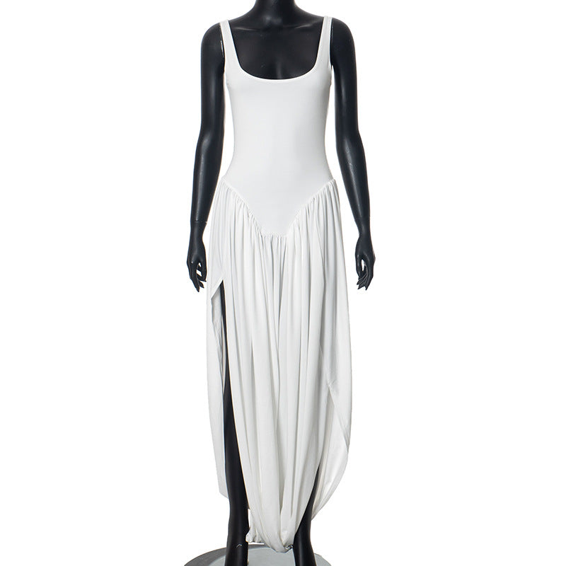 Solid Color Sling Backless Pleated Stitching Dress