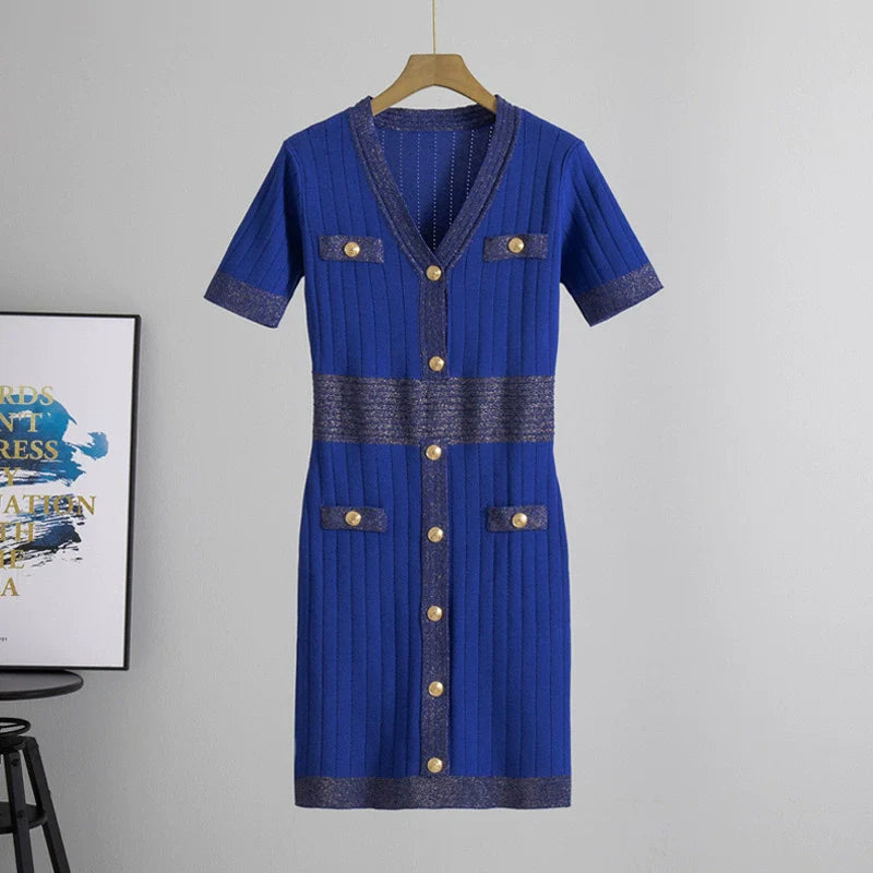 Blue – Short-Sleeve Ice Silk Knit Dress