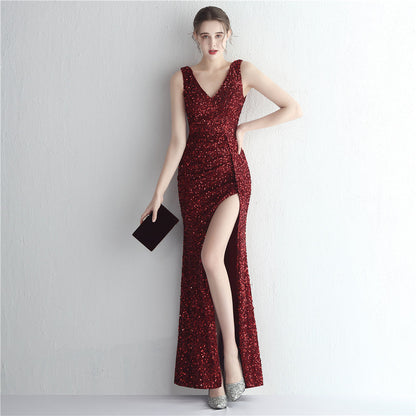 Sequin Deep V-Neck Wide Strap Ruched Waist High Split Mermaid Maxi Gown