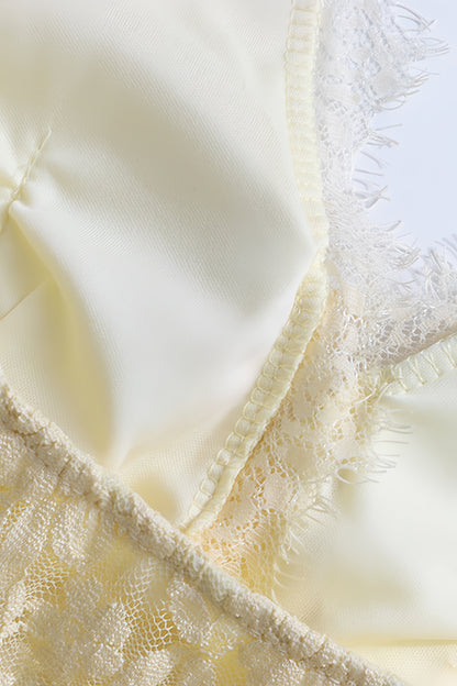Quillrt Yellow Backless Lace Mesh Midi Dress
