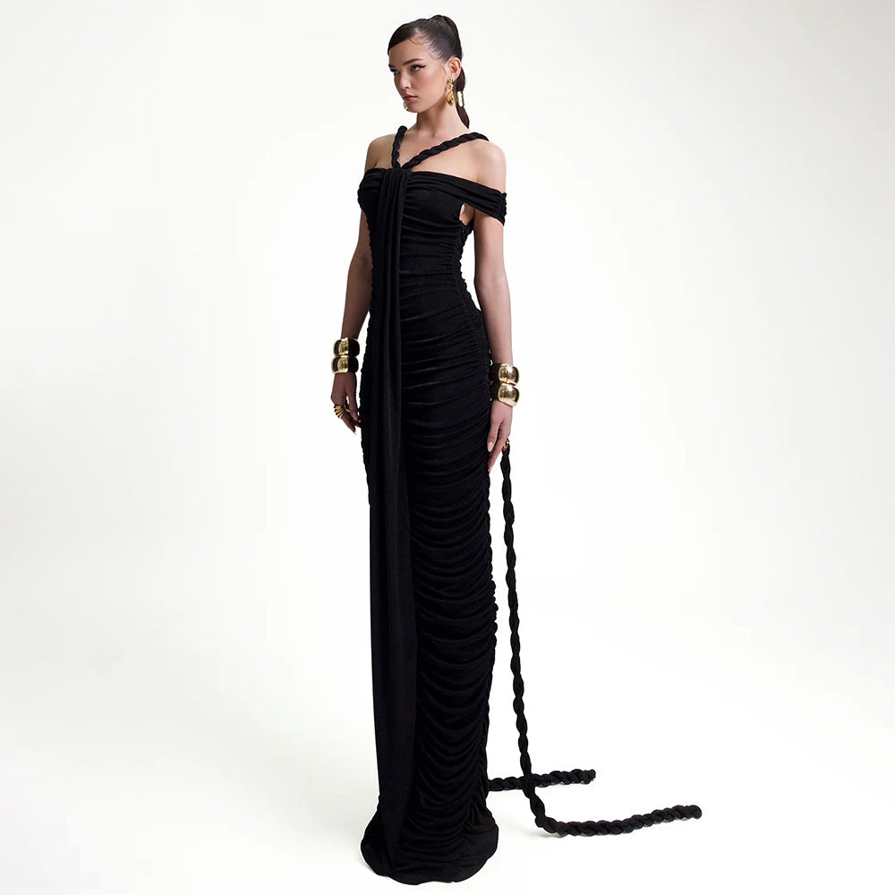 Elegant Graceful Off Neck Braid Pleated High Waist Figure Flattering Sheath