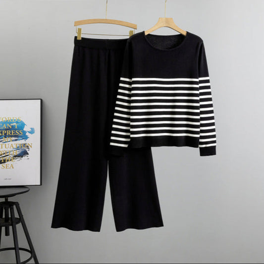 Black - Trendy Striped Knitted Two Piece Set
