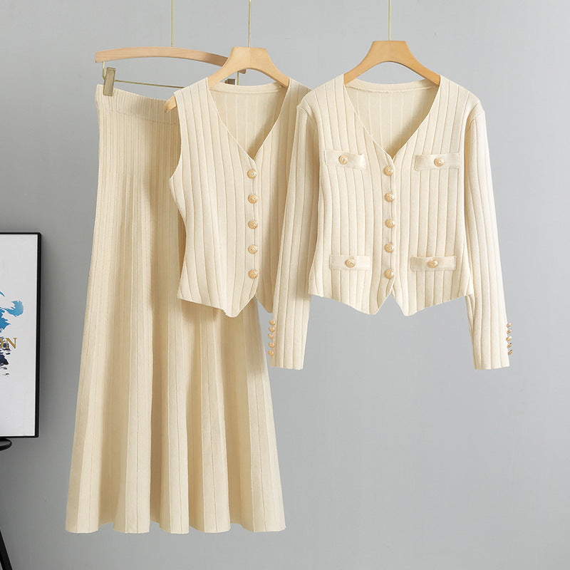 Apricot – Cardigan Vest Three Piece Set