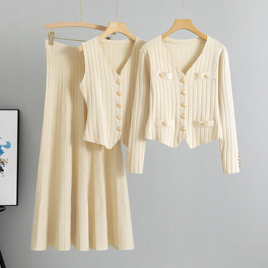 Apricot – Cardigan Vest Three Piece Set