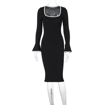 Square Neck Contrast Trim Bell Cuff Knit Bodycon Midi Dress