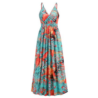 Palm Leaf Print Deep V Empire Waist A Line Maxi Dress
