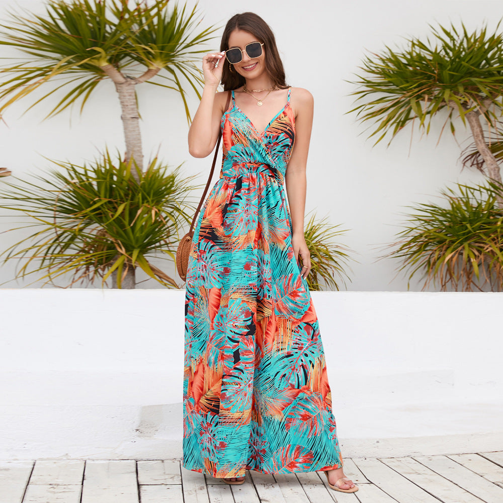 Palm Leaf Print Deep V Empire Waist A Line Maxi Dress