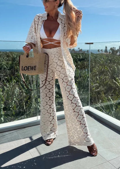 Holiday Crochet Flowers Lace Short Sleeve Shirt and Elastic Waist Wide Leg Pants Set