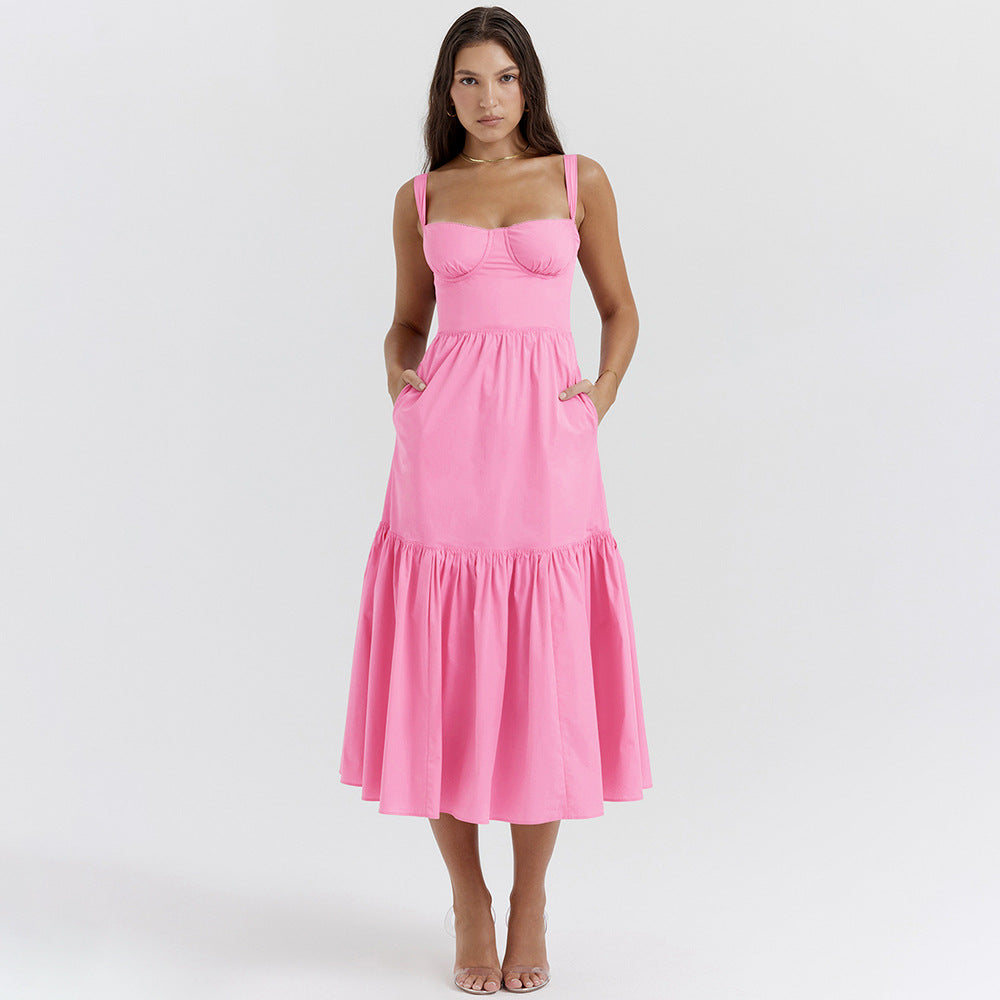 Square Neck Bustier Floral Ruffle Tier Pocket Midi Dress