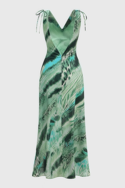 Erika Green Print Deep V Backless Maxi Dress