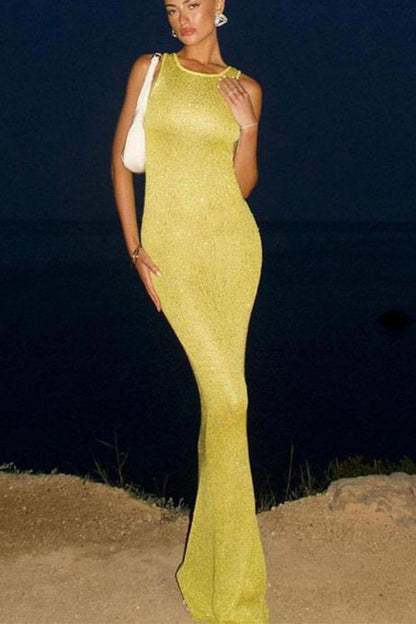 consonak U Neck Sleeveless Sequin Bodycon Maxi Dress