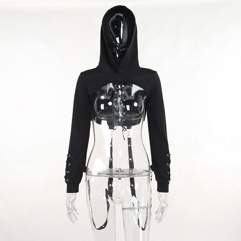Hoodie long sleeve o ring lace up top