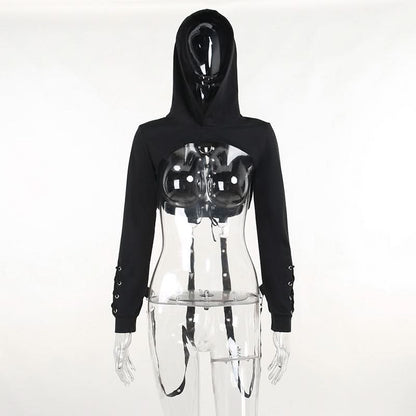 Hoodie long sleeve o ring lace up top