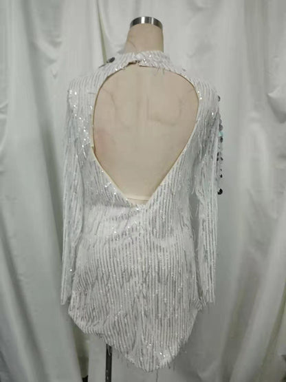 Round Neck Full Sleeve Backless Rhinestone Tassel Dress