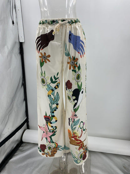 Graffiti Print Satin Short Sleeve Shirt & Pant Coord Set