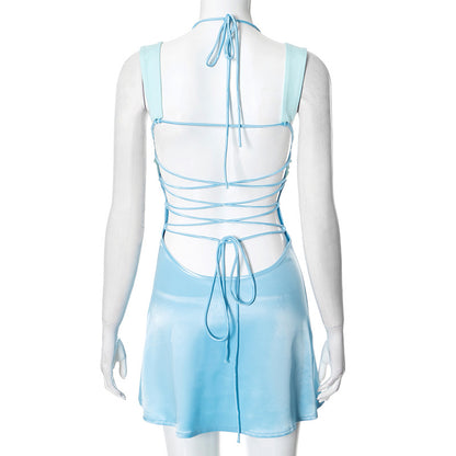 Splicing sleeveless sexy mini women's long robe satin strapless backless lace up high waisted A-line party dress