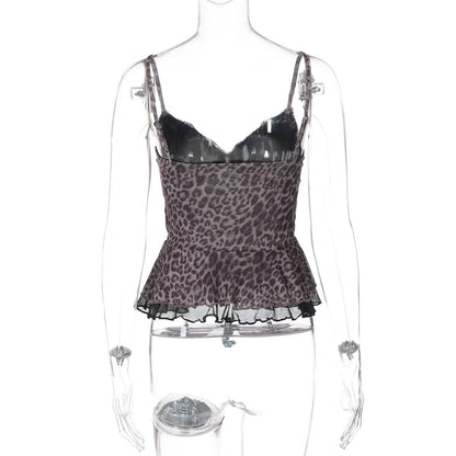 Leopard print mesh v neck lace hem cami top