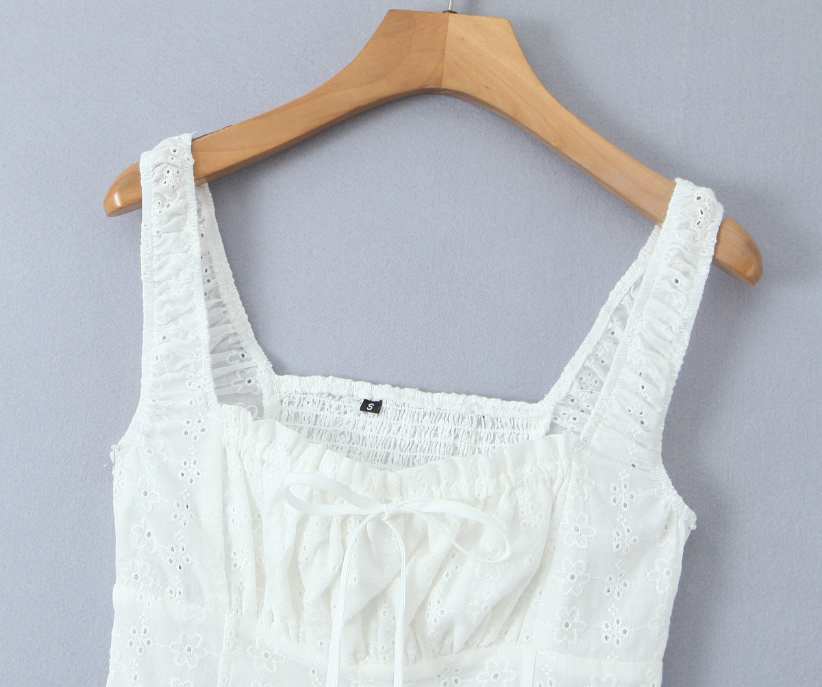 White - Lace Spliced Spaghetti Strap Dress