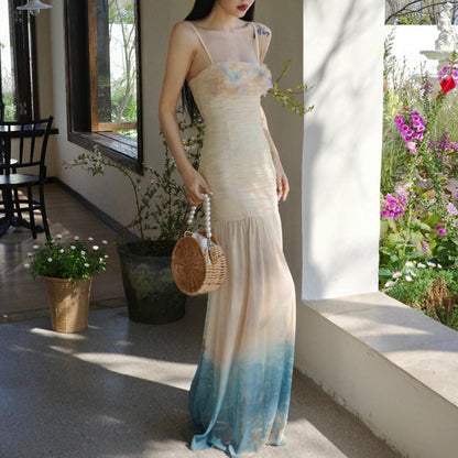 Miyama Bloom Hand-Embroidered Gradient Ruched Dress Artistic Floral Gown
