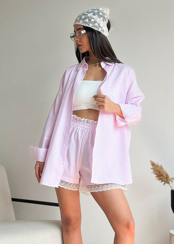 Pink Pinstripe Oversized Shirt & Lace-Trim Shorts Set – 2-Piece Women’s Outfit