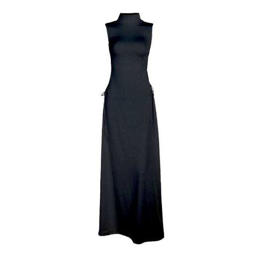 High neck hollow out lace up solid cut out maxi dress