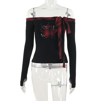 Off shoulder long sleeve plaid star pattern top