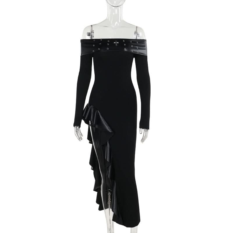 Off shoulder long sleeve PU leather slit ruffle maxi dress