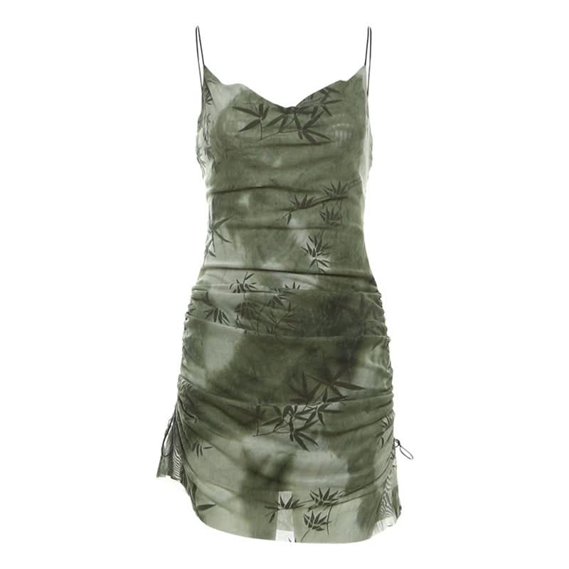 Cowl neck tie dye print drawstring cami mini dress
